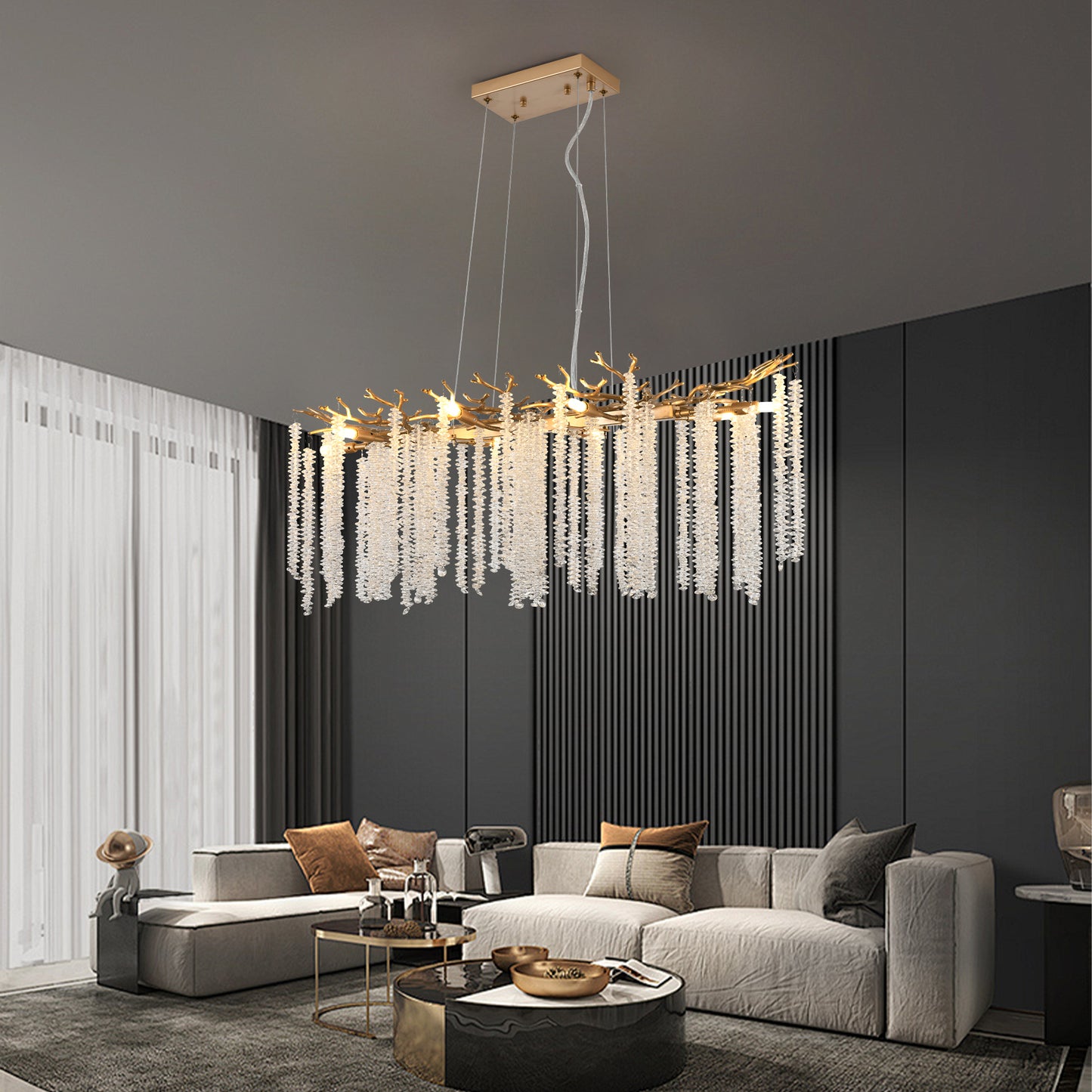 39-Inch Modern Gold Pendant Light with Cascading Crystal Strands - Living & Dining Room Fixture