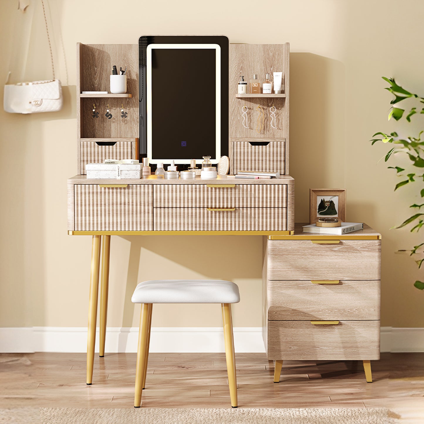 7-Drawer Vanity Desk With LED Mirror & Carved Details, Fluted Makeup