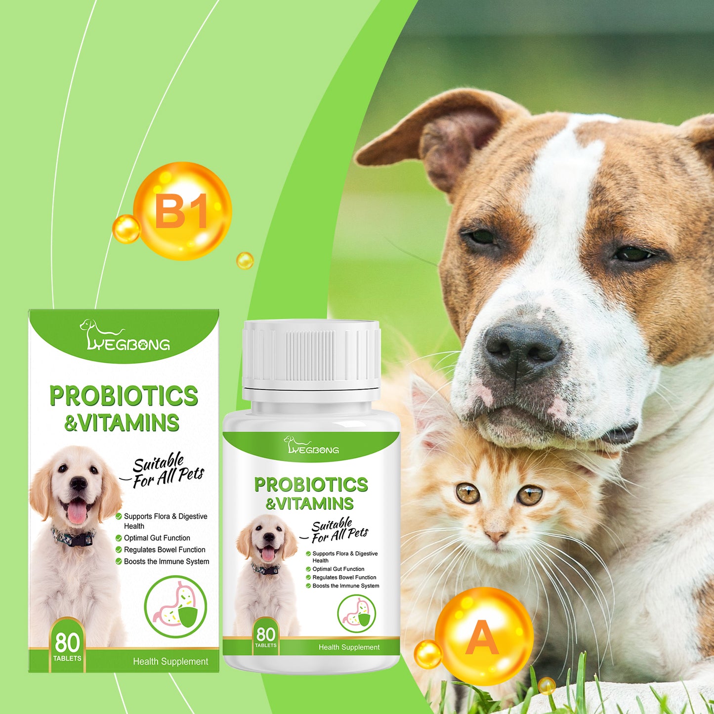 Pet Probiotics & Vitamin Tablets for Dogs & Cats - Gut & Immune Support, 80 Chewable Tablets