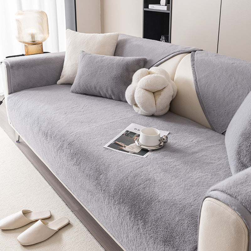 Winter Plush Sofa Cover - Non-Slip Solid Color Couch Protector