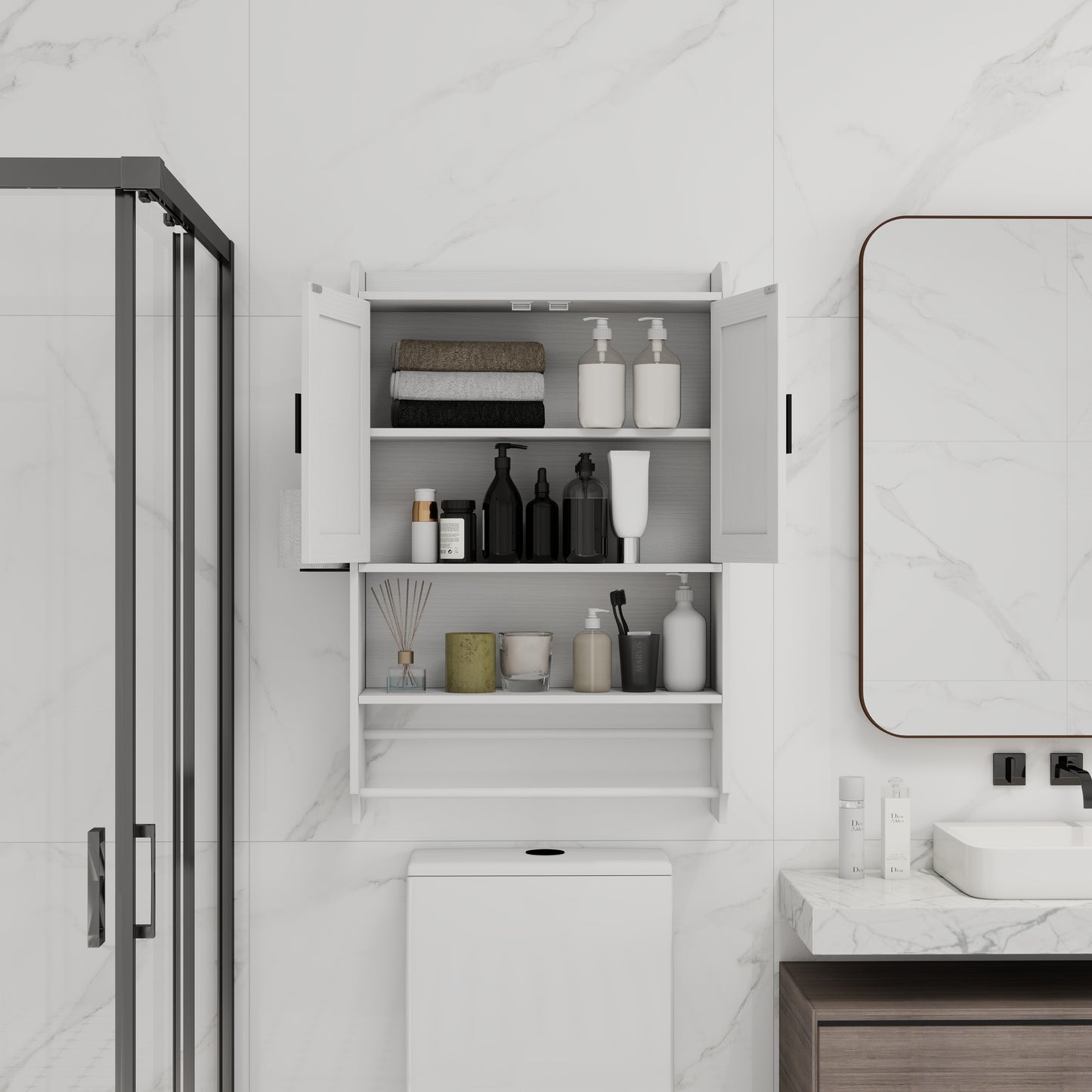 Bathroom Wall Cabinet with Doors, Adjustable Shelf & Towel Bar - White