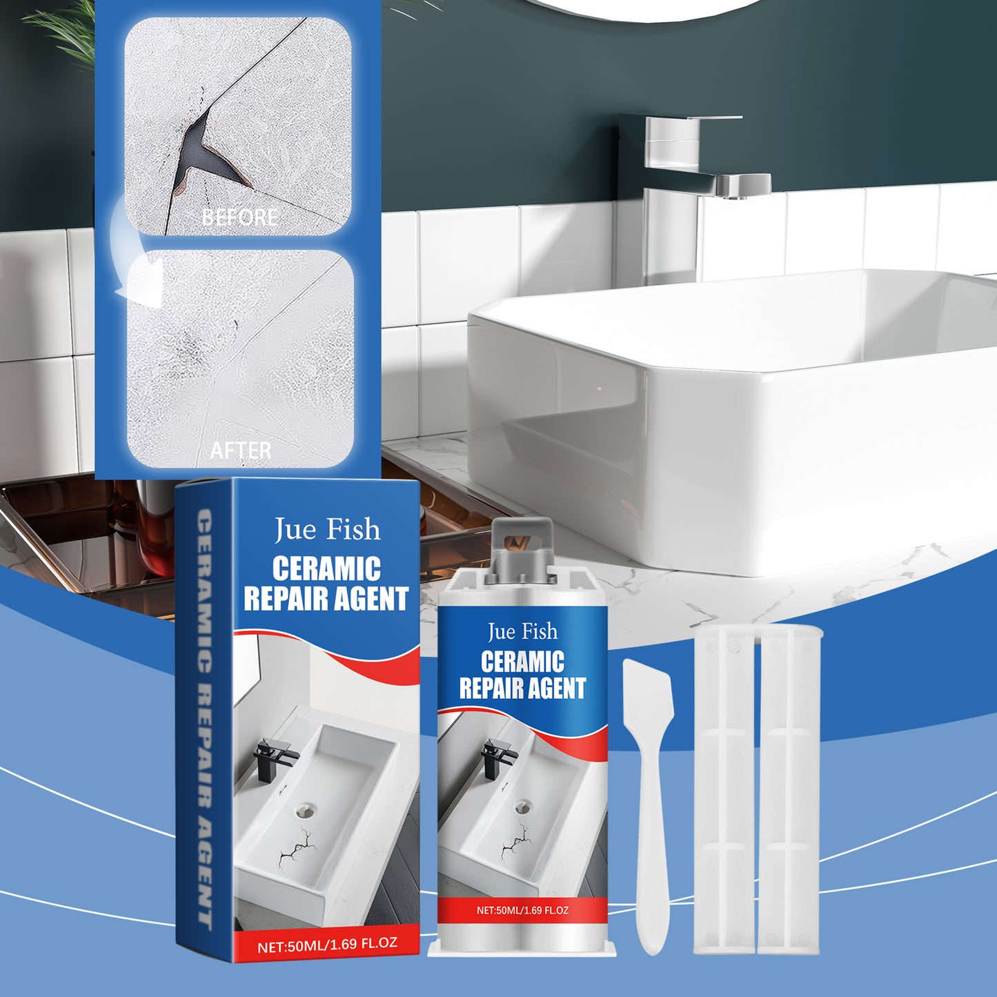 50ml Tile Repair Adhesive Kit with 2 Tools - Ceramic Crack Fix