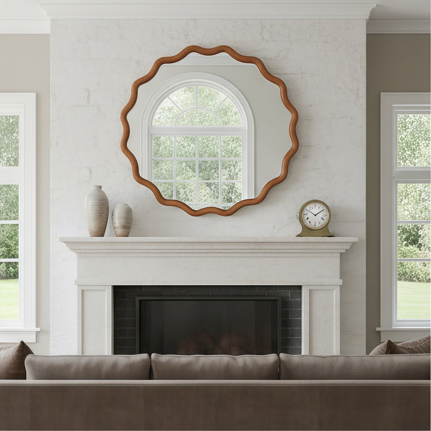 30 Inch Wavy Round Solid Wood Frame Decorative Mirror - Yellow Brown