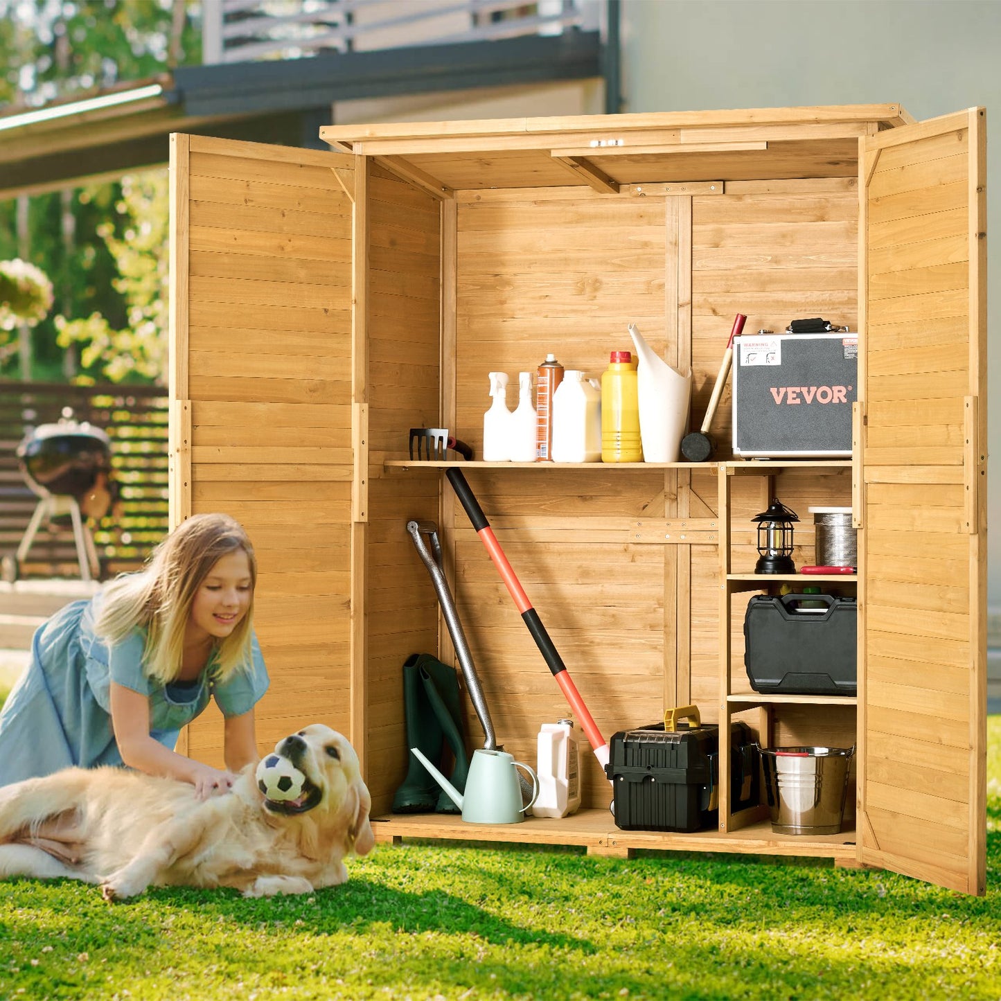Waterproof Outdoor Wooden Storage Shed - Khaki, 55x67.5 Inch
