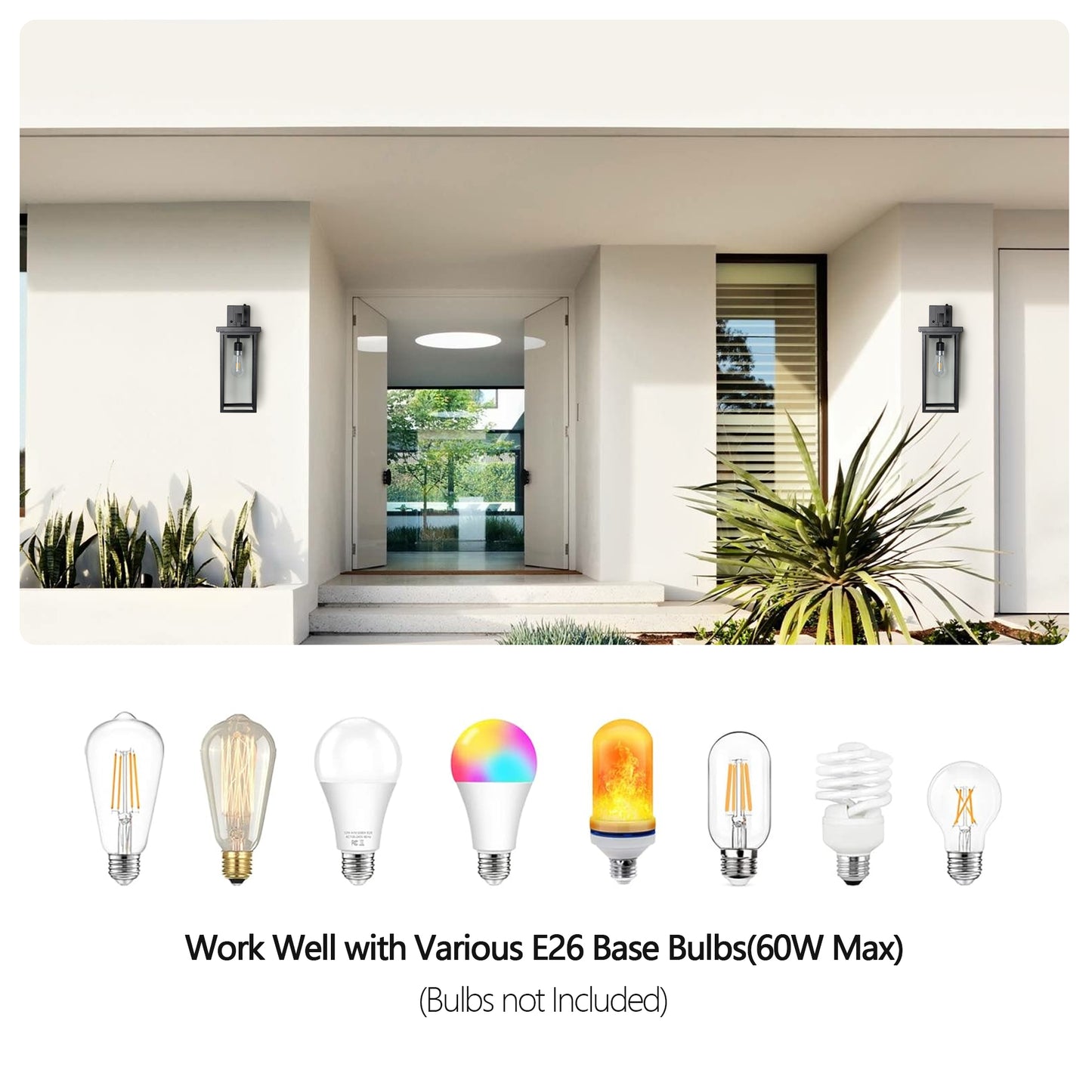Modern Outdoor Wall Lanterns - Black Metal Frame - Set of 2