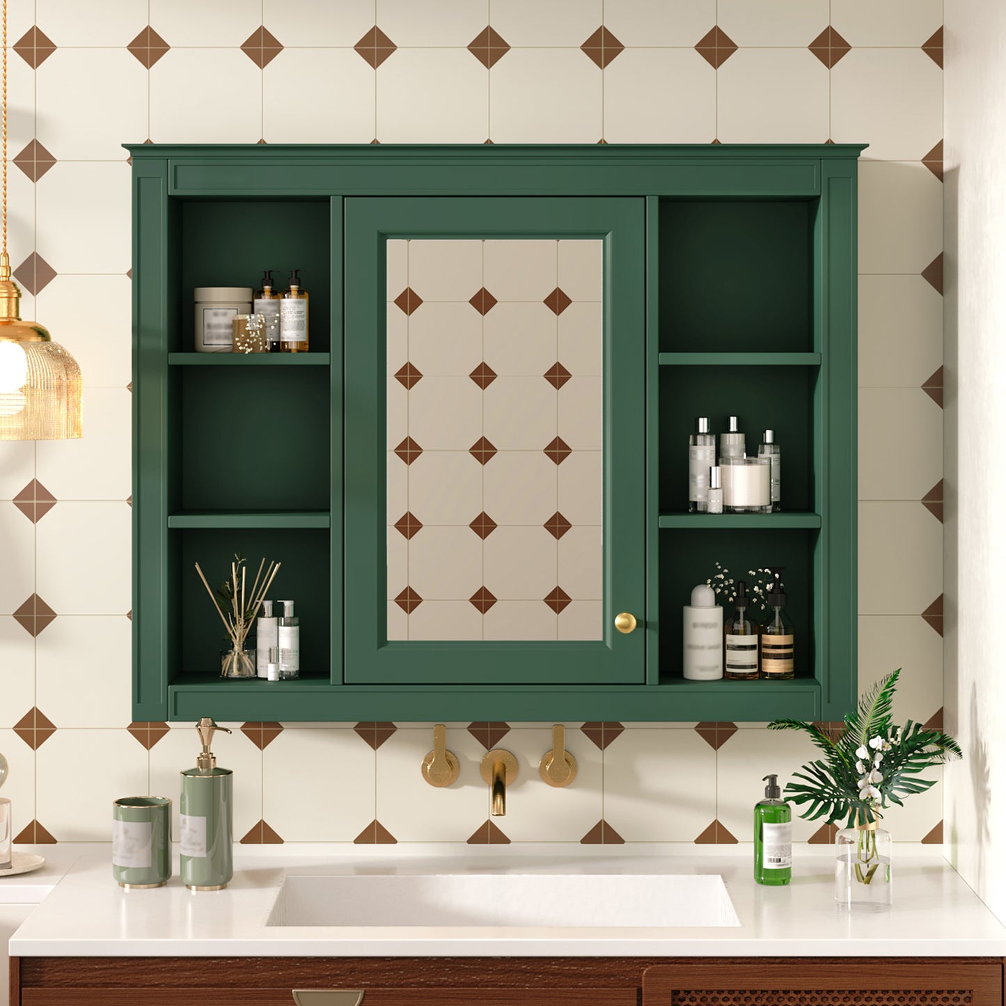 35'' x 28'' Wall Mounted Bathroom Storage Cabinet with Mirror - Green