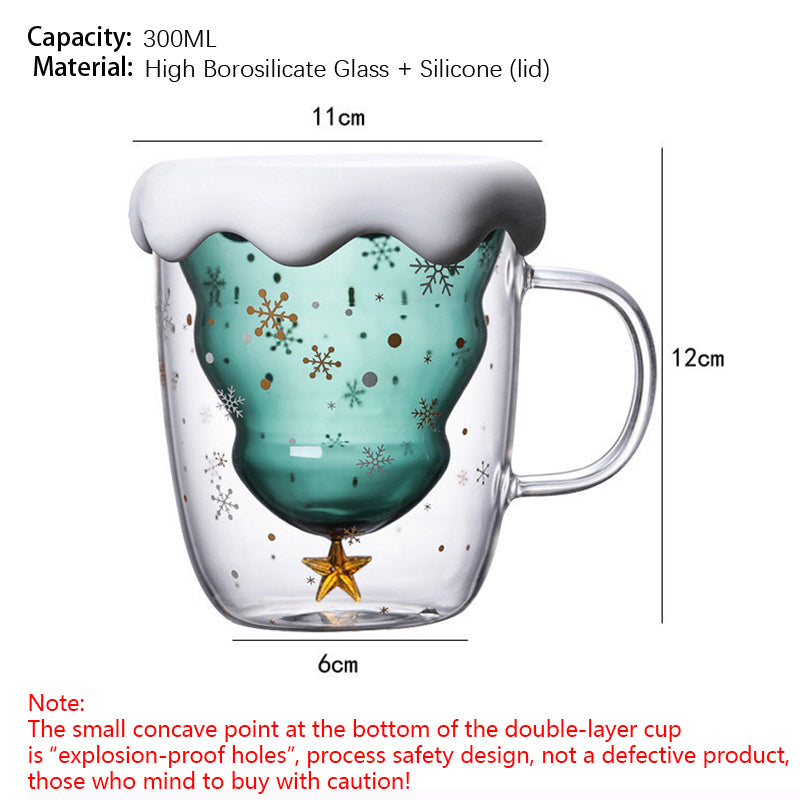 Christmas Tree Mug Double Walled Borosilicate Glass Cup with Handle - Holiday Drinkware