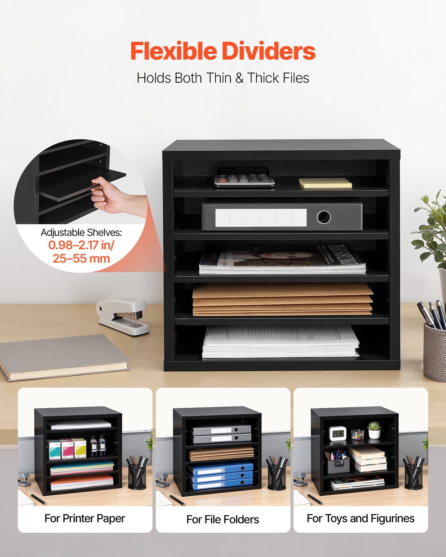 Wooden Literature Organizer with 5 Compartments and Adjustable Shelves - Office & Classroom Storage, Black