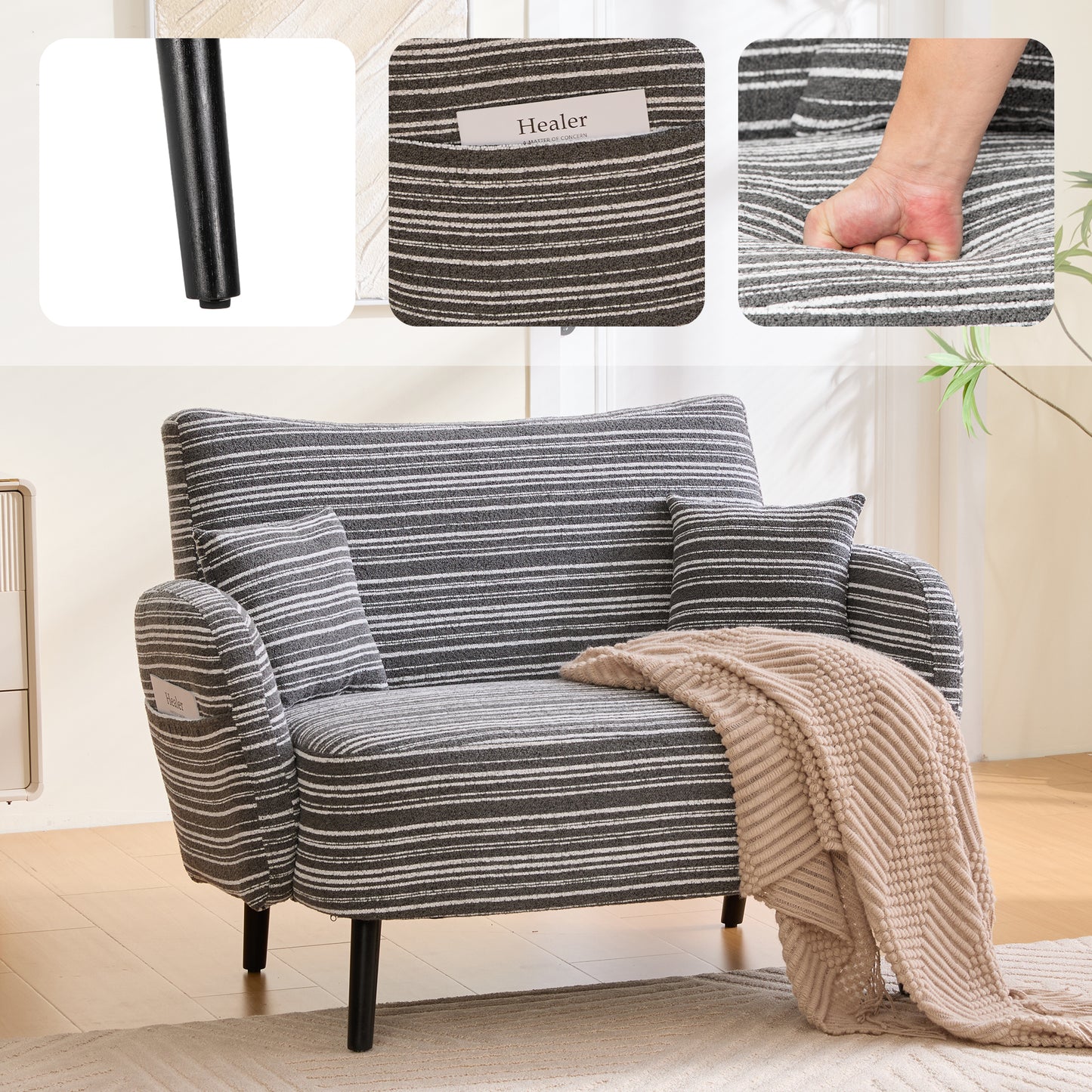 Comfortable Modern Two-Seater Sofa with Storage Pockets - Dark Gray