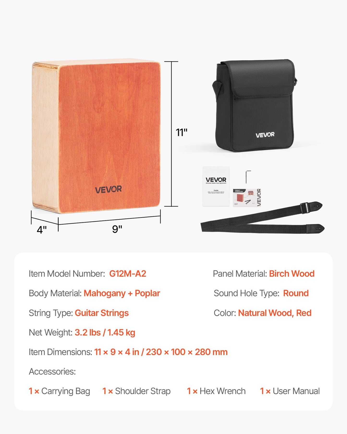 Wood Cajon Box Drum with Adjustable Guitar Strings & Travel Bag