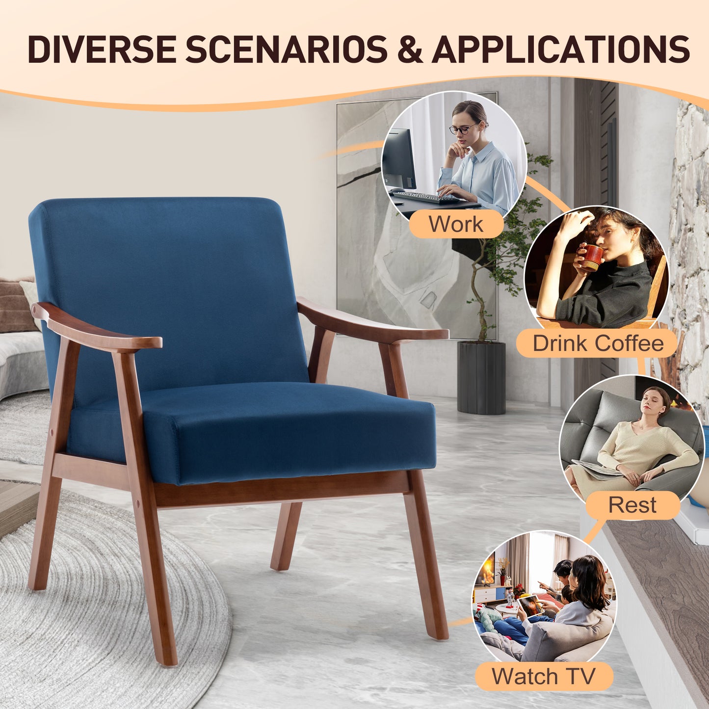 Mid-Century Modern Accent Chair - Blue Velvet Lounge Chair