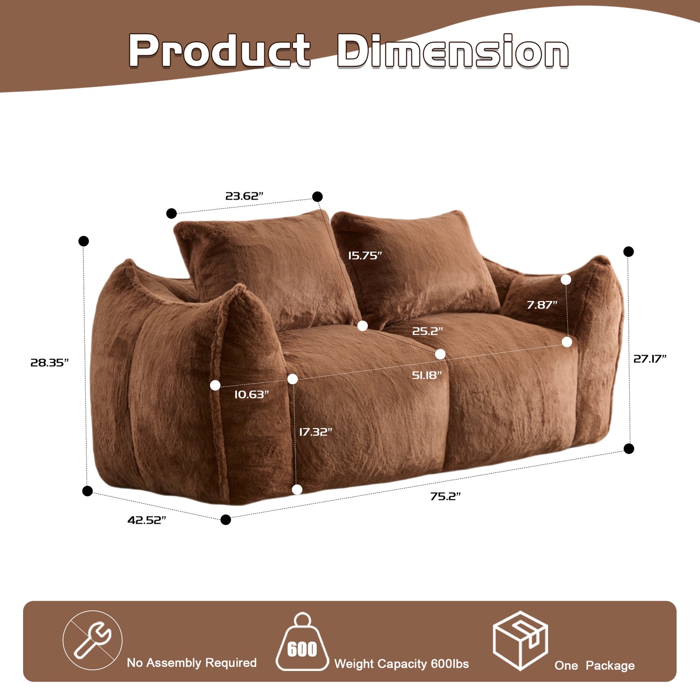 Giant Bean Bag Couch for Adults - Ultra Soft Loveseat Sofa, Brown