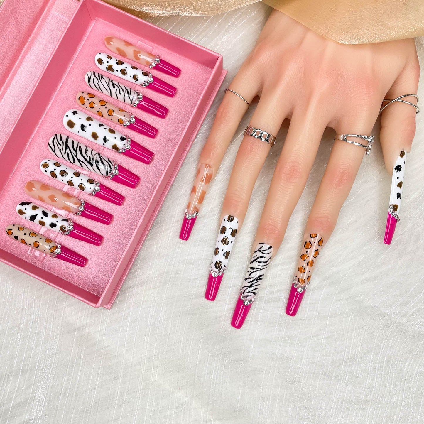 Handmade Press-On Nails - Extra Long Stiletto Glitter Diamond Zebra - Size M