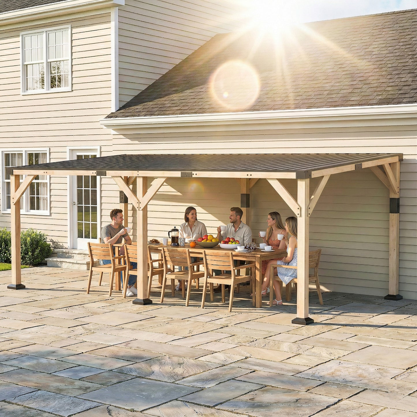 20' x 10' Wooden Lean-To Gazebo with Galvanized Steel Roof - Light Walnut