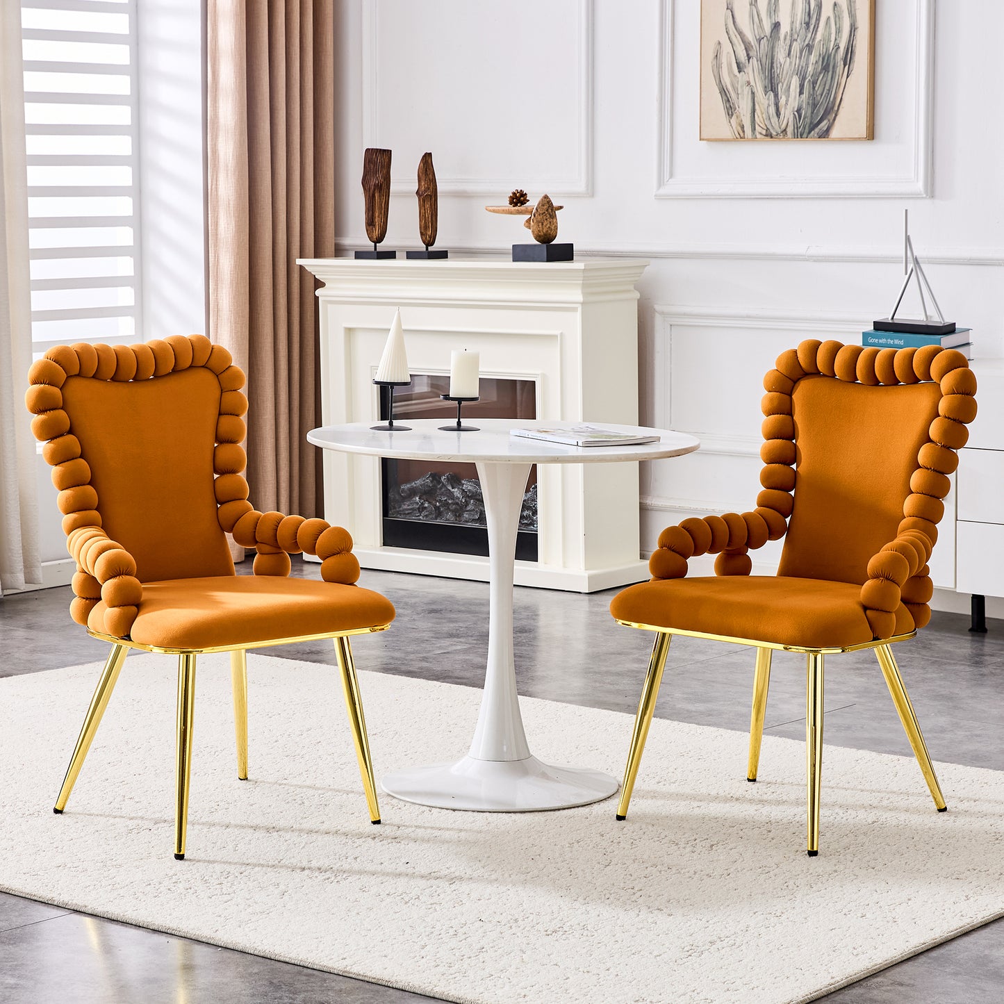 Set of 2 Orange Velvet Bubble Dining Chairs with Gold Legs