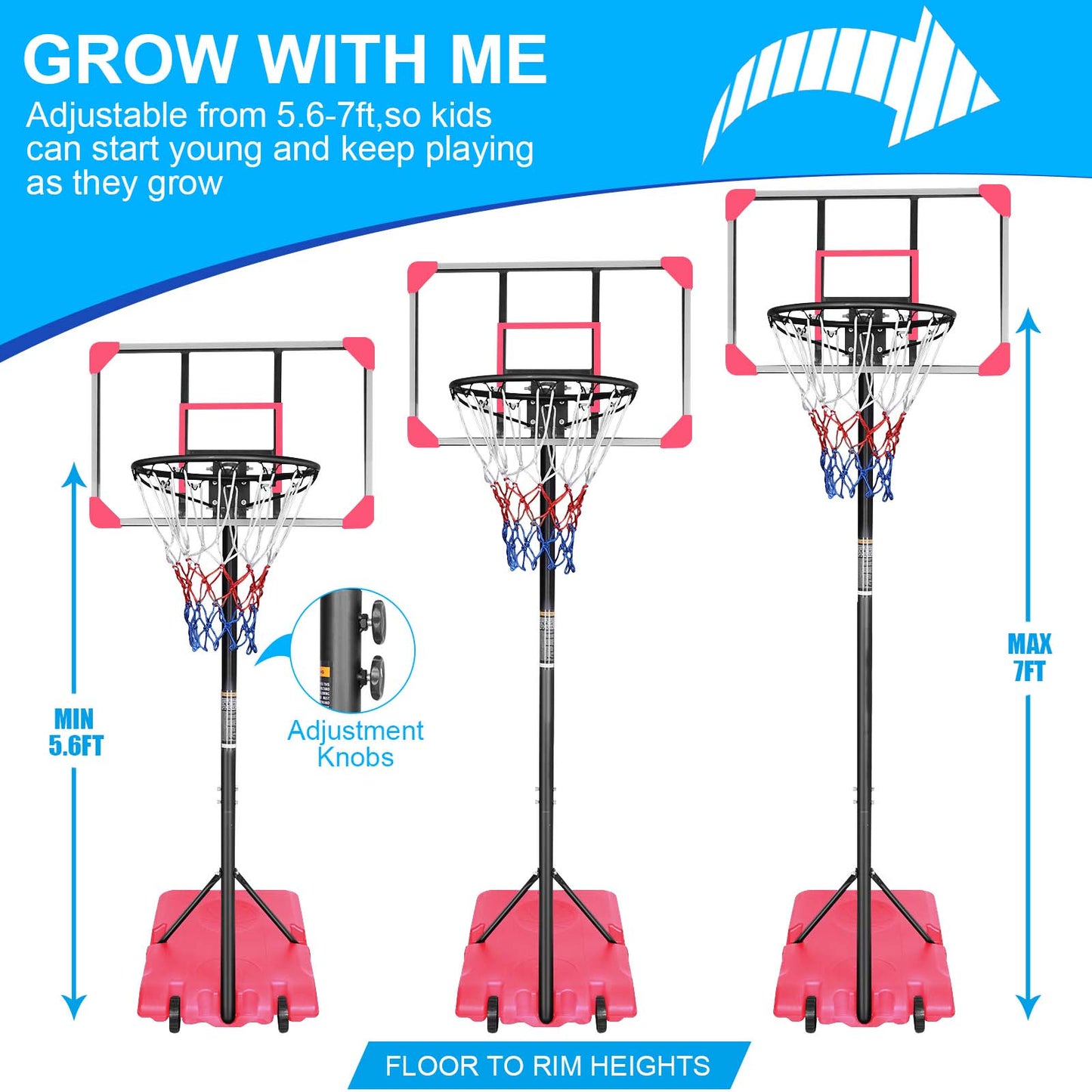 Height Adjustable Portable Basketball Hoop - Pink, 5.6-7ft