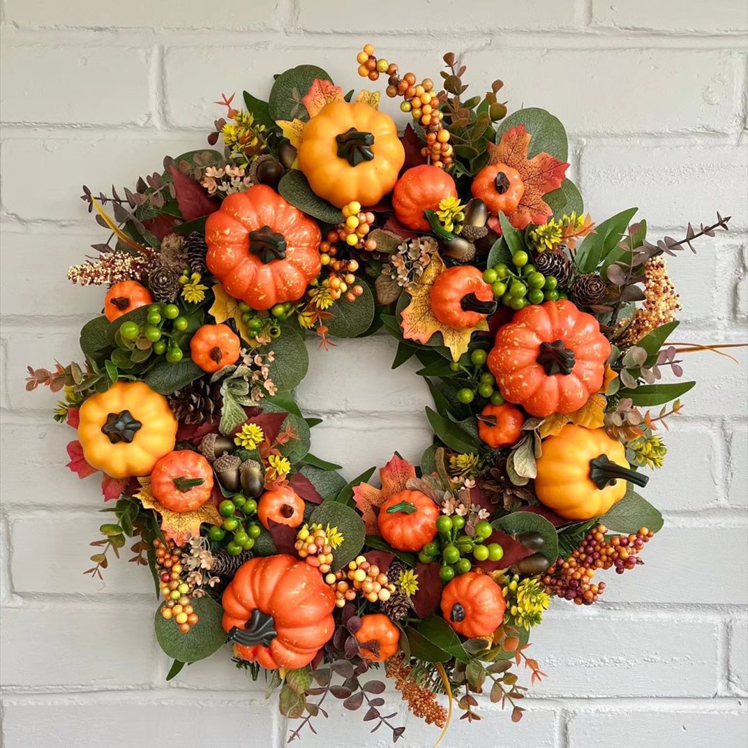 Artificial Pumpkin Wreath for Front Door Decor - Fall Harvest Festival
