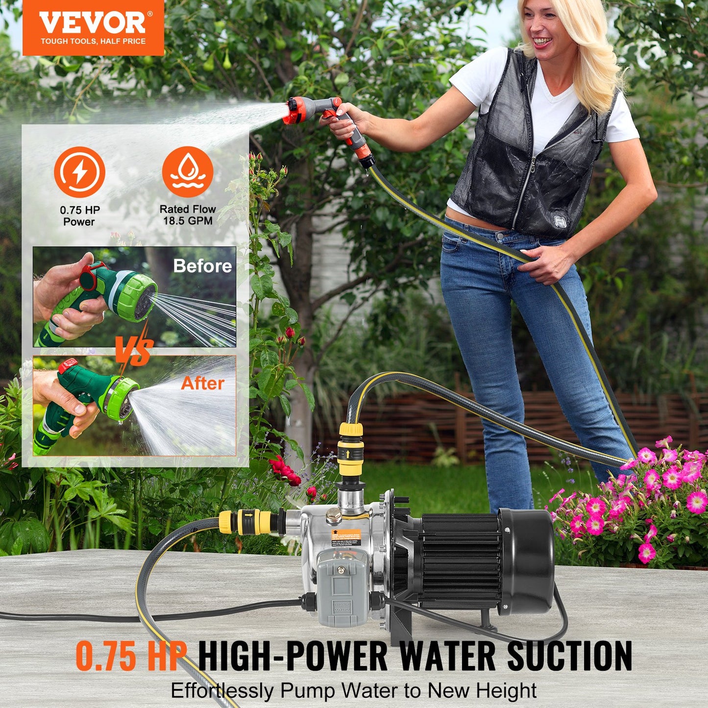 3/4HP Stainless Steel Shallow Well Jet Pump 115V 18.5 GPM 131 FT Head Irrigation Water Pump