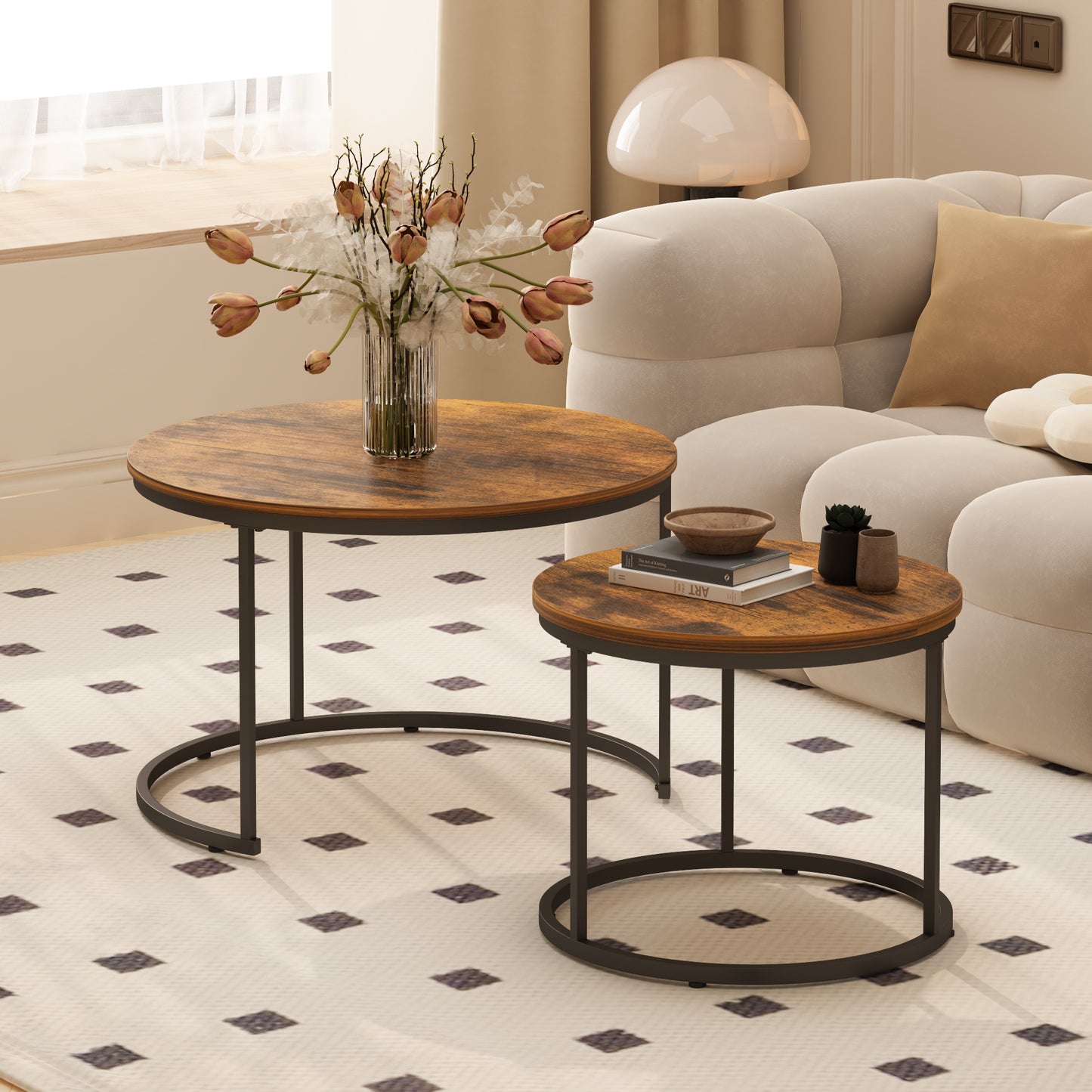 Nesting Coffee Table Set of 2 - Round Wood & Metal, Rustic Brown