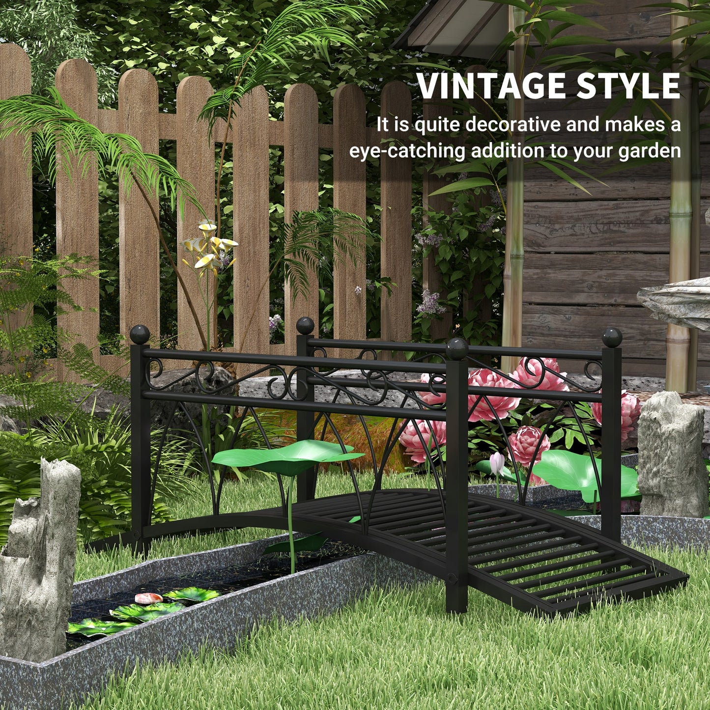 Metal Garden Pond Bridge with Safety Rails Black 1110x160x460mm