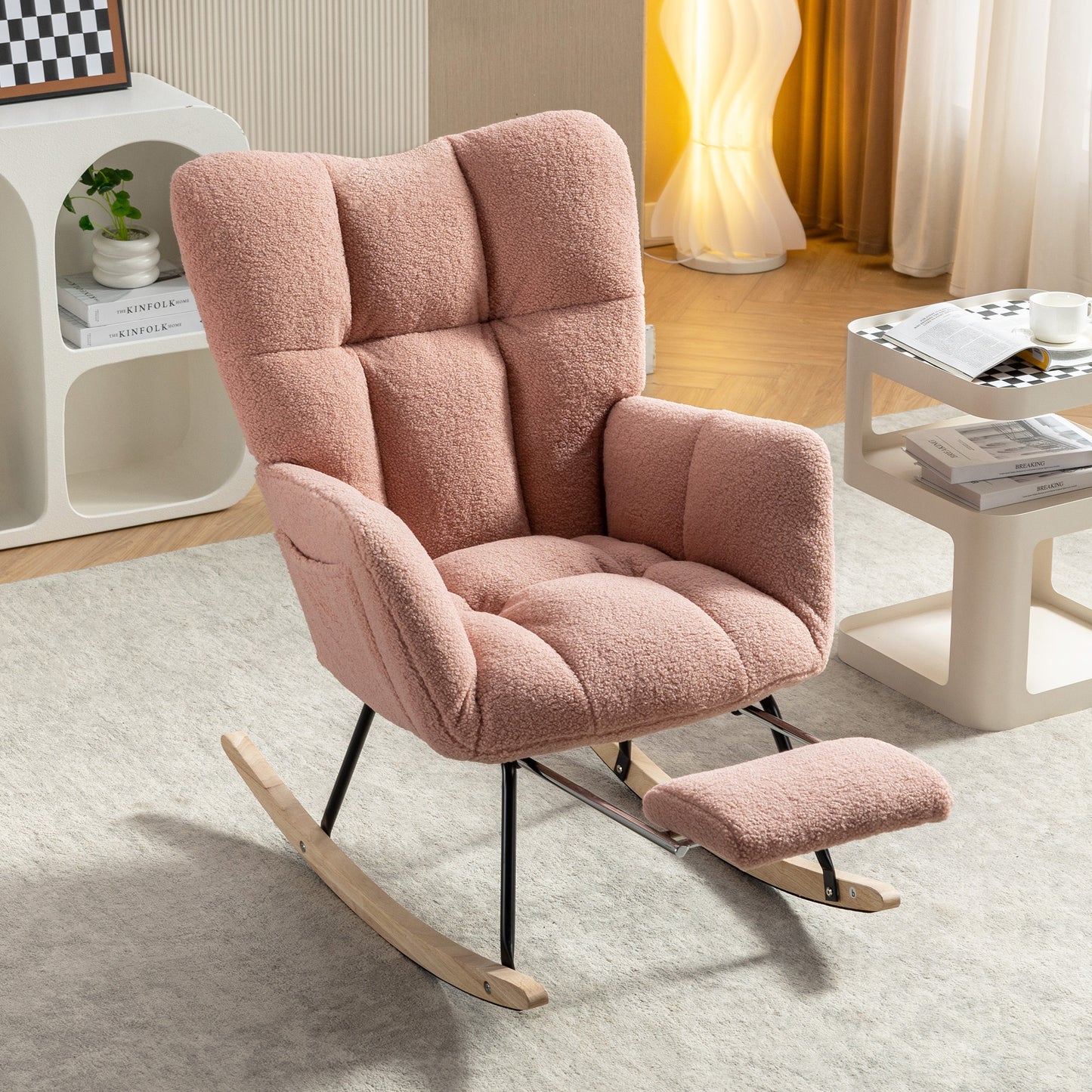 Pink Teddy Fabric Rocking Chair with Adjustable Footstool