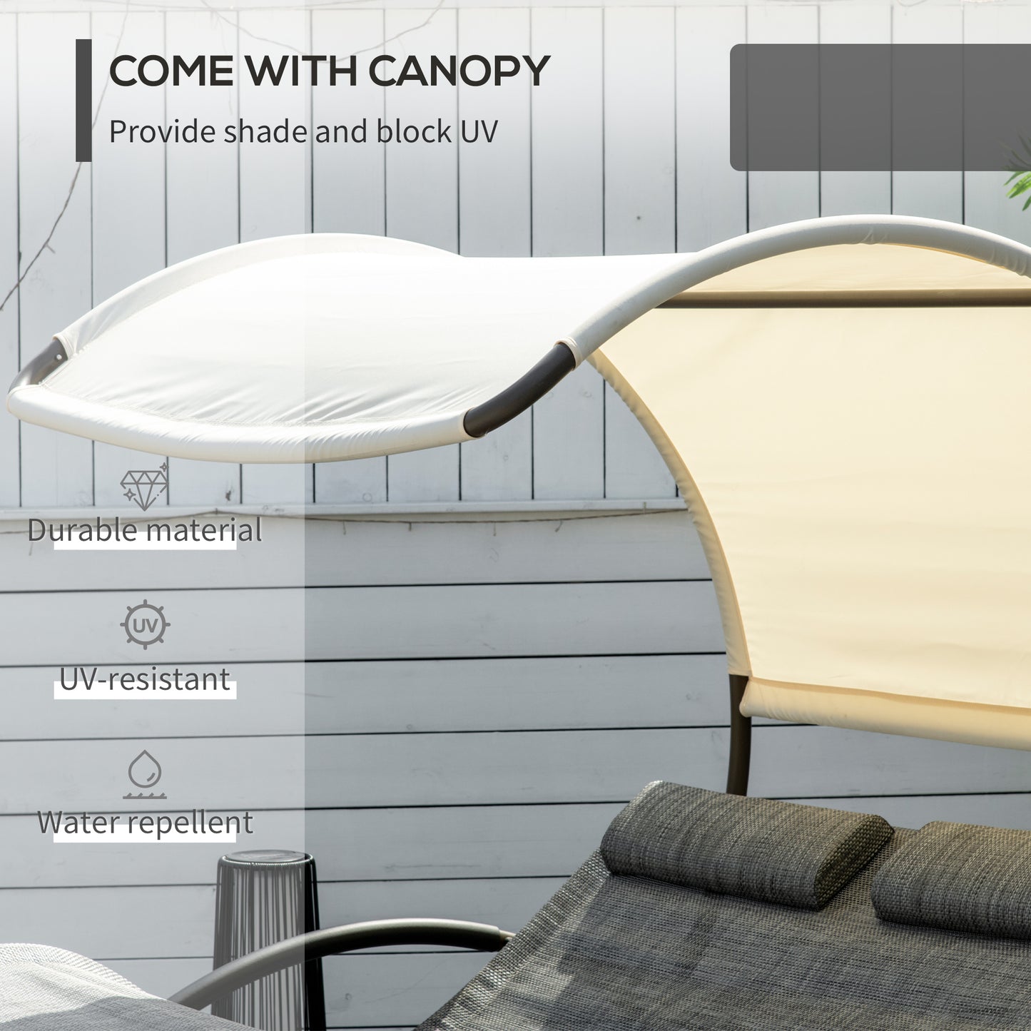 Outdoor Double Chaise Rocking Chair with Canopy and Pillow - Light Gray