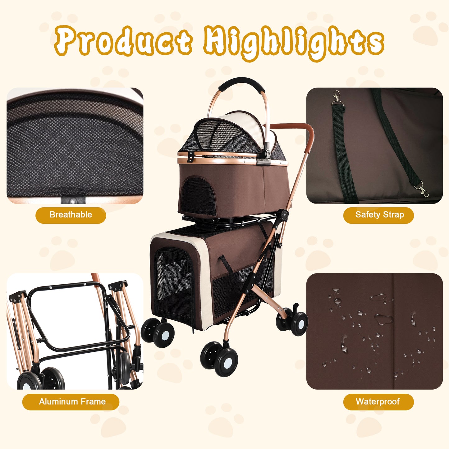 Double Pet Stroller 3-in-1 Foldable Carrier for Small & Medium Dogs Cats - Shockproof Wheels & Safety Leashes