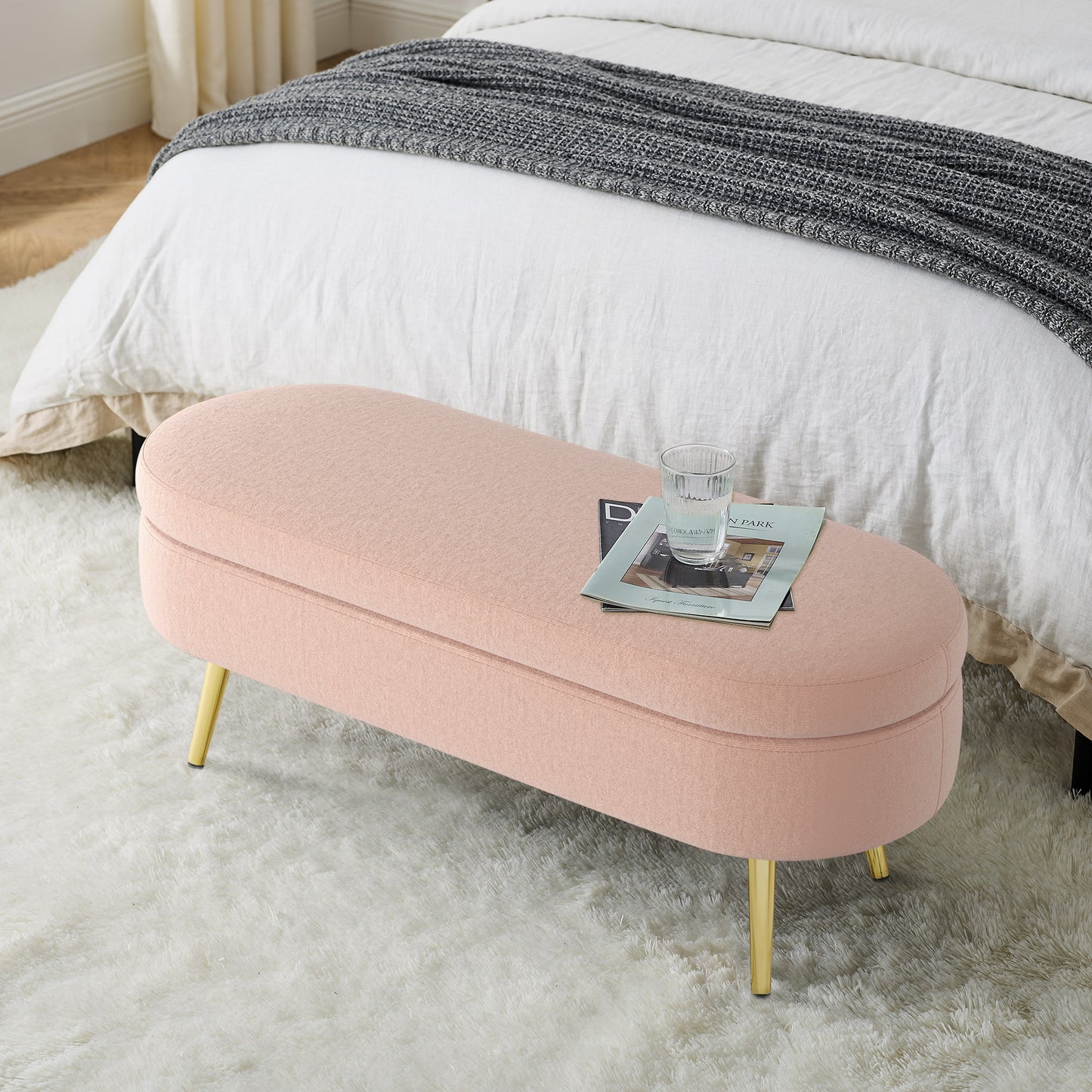 Pink Oval Storage Ottoman Bench with Flannel and Metal Legs