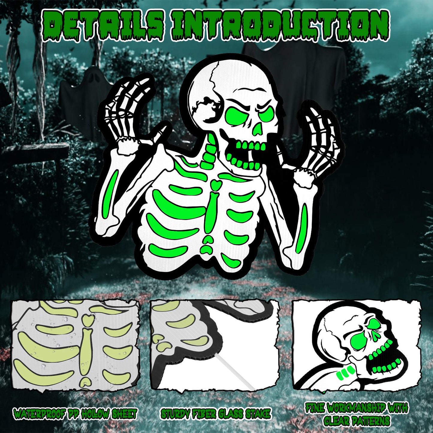 Glow In The Dark Halloween Yard Sign Set - 6 Pcs Skeleton & Cat