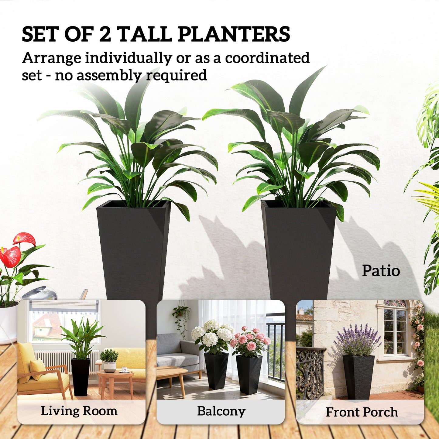 Tall Outdoor Plant Planters Set of 2 - Black Plastic Flower Pots for Garden & Patio