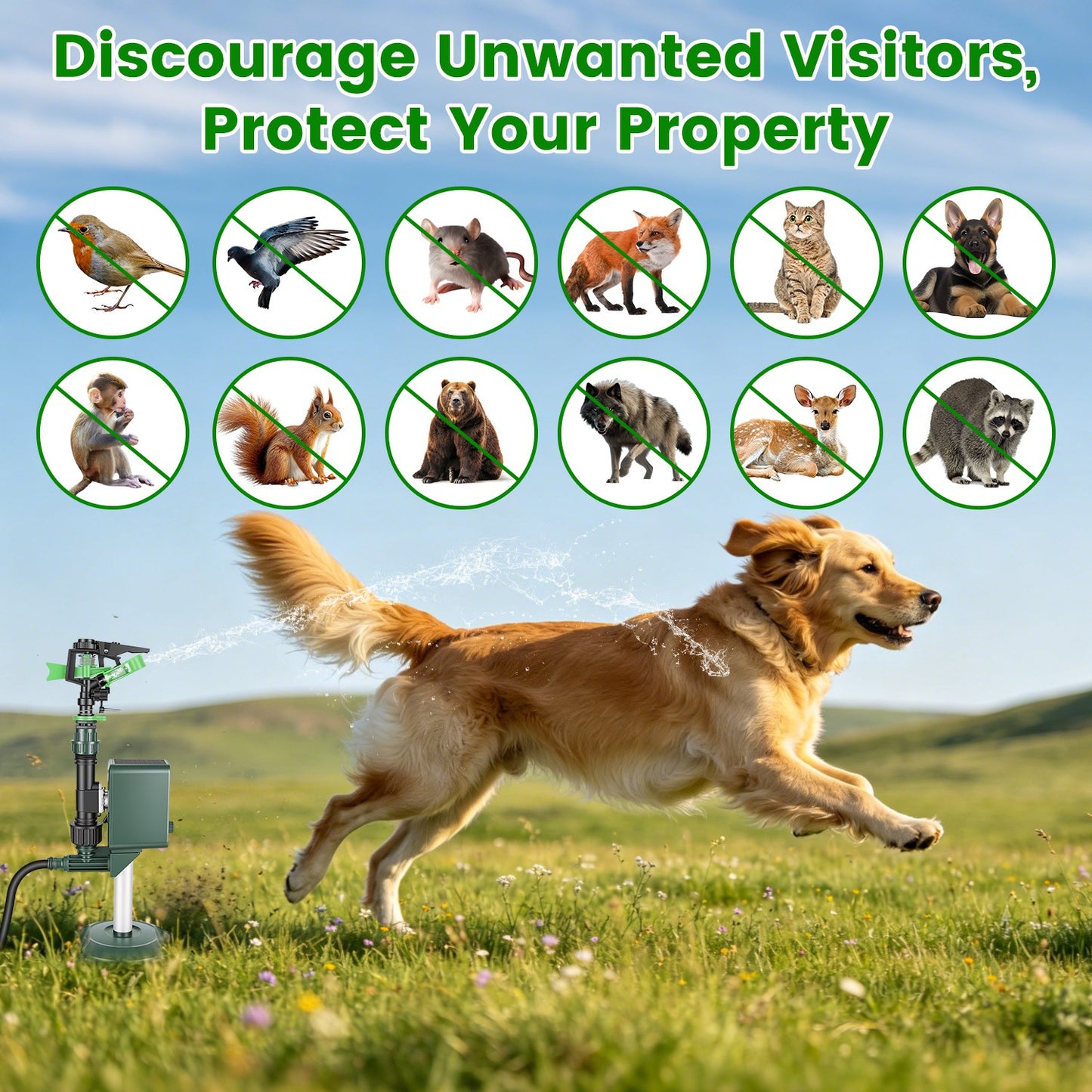 Solar-Powered Animal Deterrent Sprinkler with Flashing Light for Garden Outdoor Yard