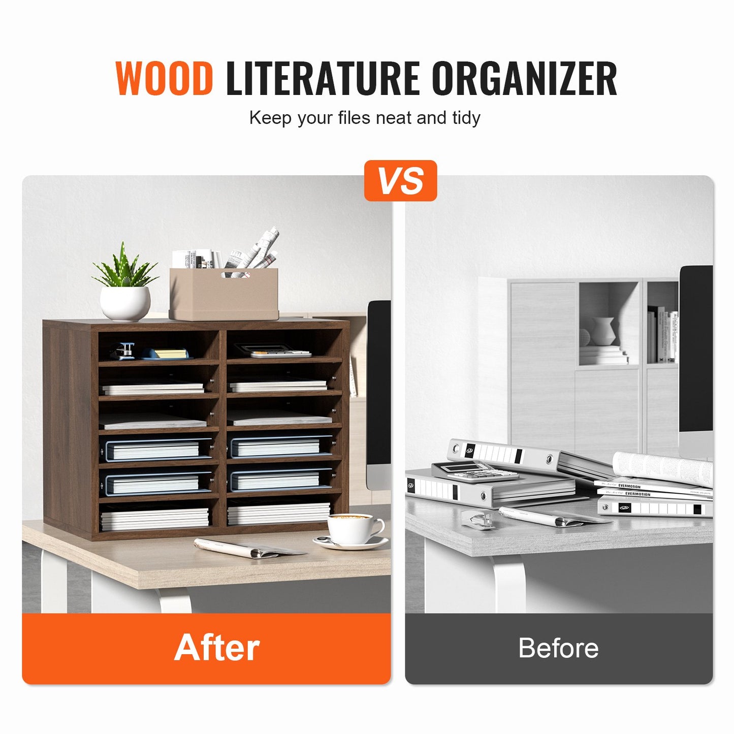 Wood Literature Organizer with 12 Compartments - Adjustable Shelves