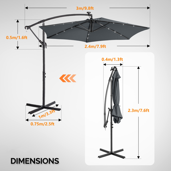 10FT Round Hanging Patio Umbrella with LED Lights & Stand - Gray