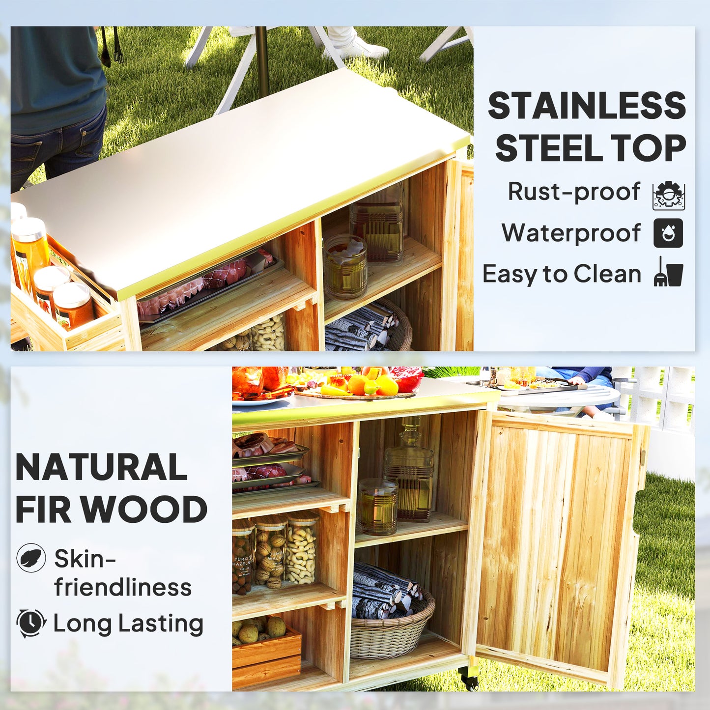 Outdoor Grill Cart with Stainless Steel Top & Solid Wood Frame