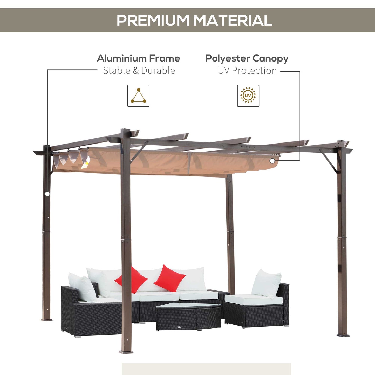 10x10 Outdoor Aluminum Pergola with Retractable Canopy - Brown
