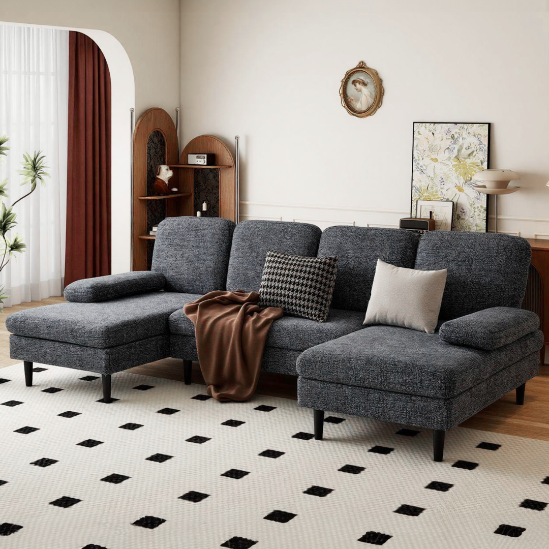 U-Shaped Sectional Sofa - Dark Grey Chenille Fabric, 4-Seater