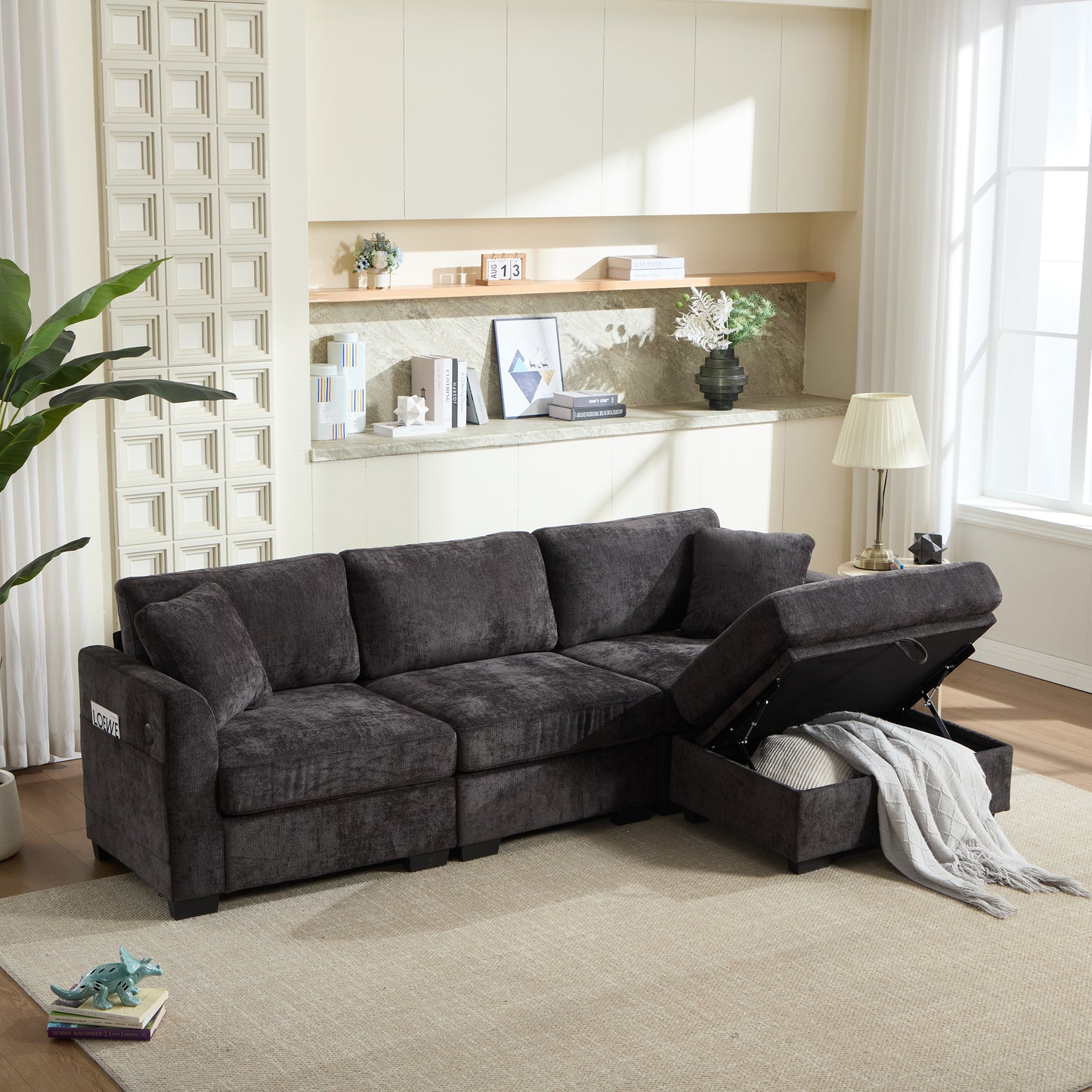 Oversized 4-Seat L-Shaped Storage Sofa with USB Ports - Black