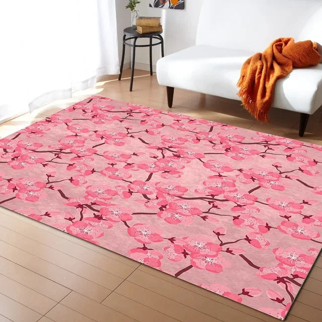 Pastel Cherry Blossom and Crescent Moon Non-Slip Flannel Floor Mat - Home Rug