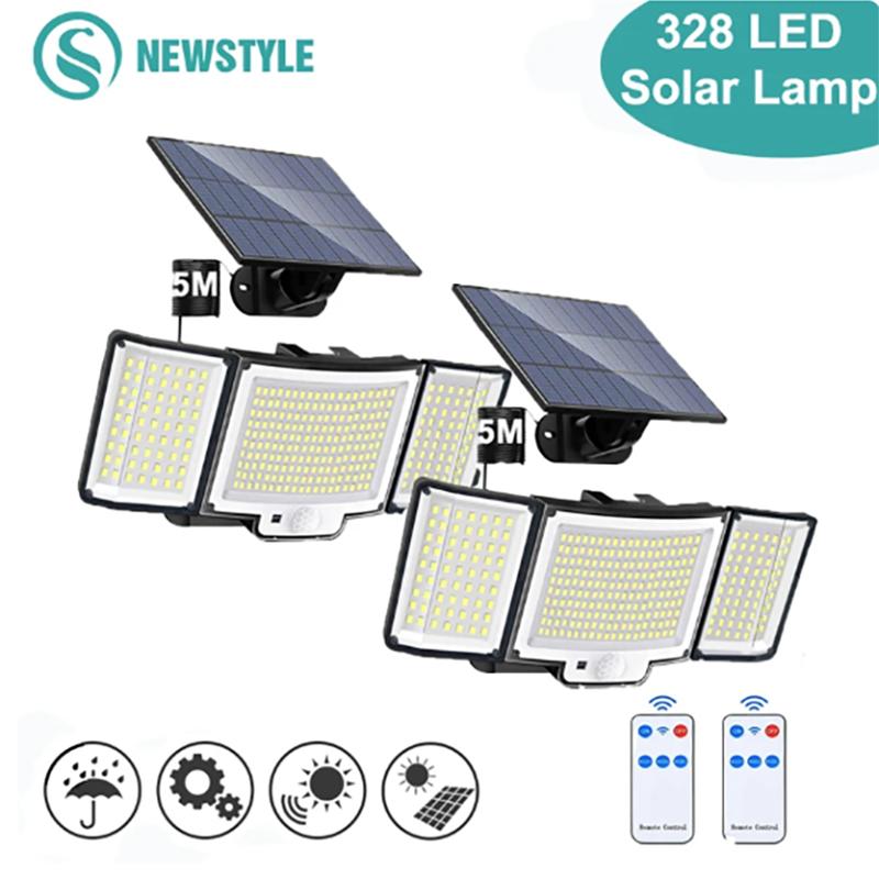 Outdoor Solar Motion Sensor Light 348 LEDs Waterproof 3-Head Security Lamp with Remote