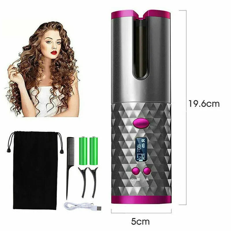 Cordless Auto-Rotating Hair Curler - Ceramic Wireless Curling Iron - Black