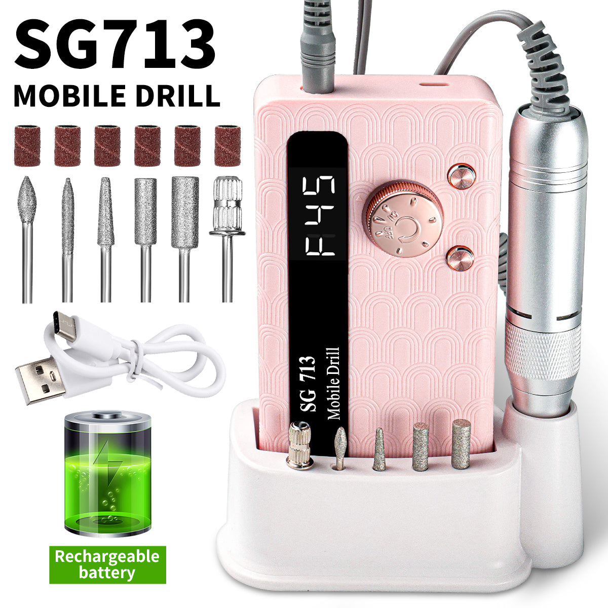 45000RPM Rechargeable Electric Nail Drill Kit - Portable E-File with 6 Bits