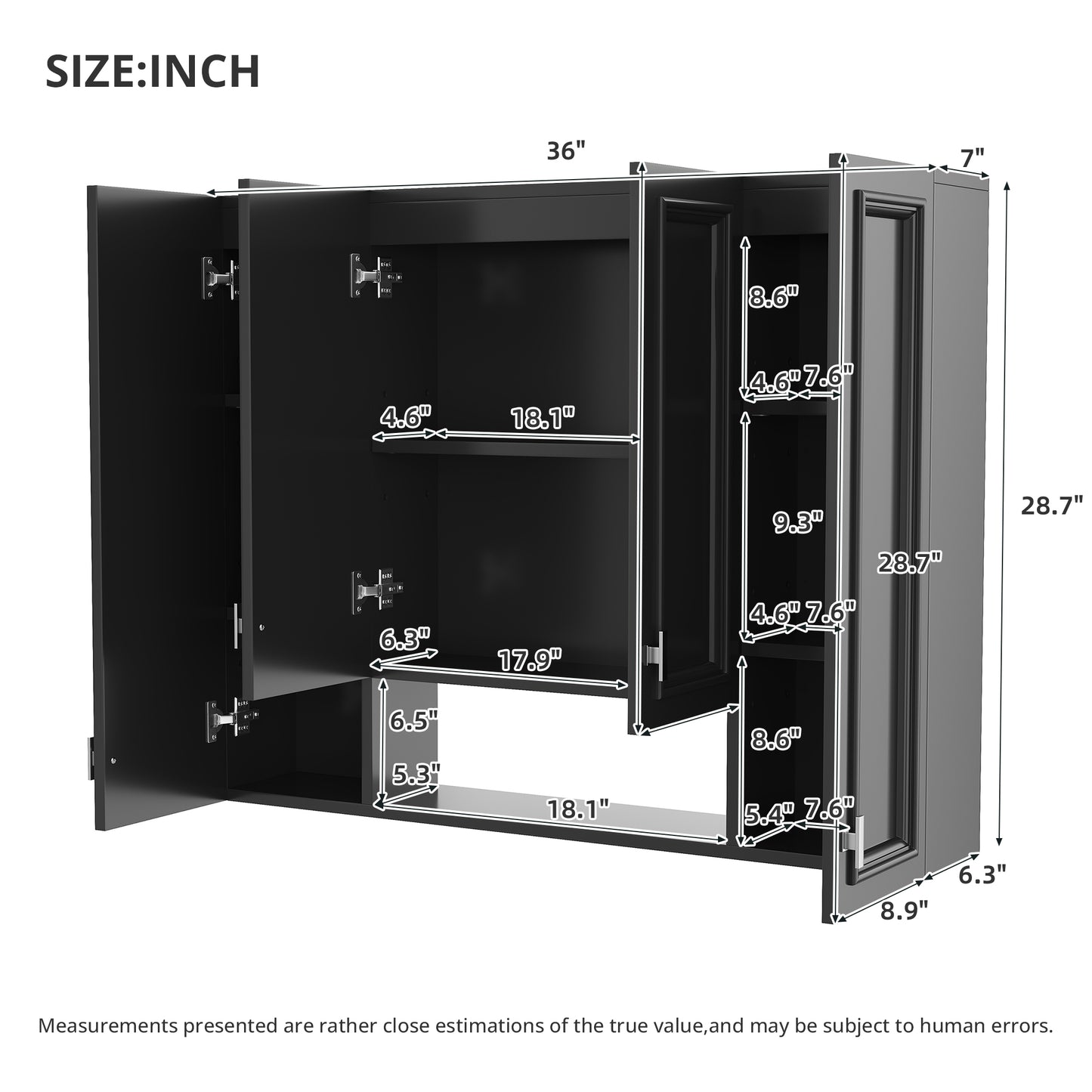 Modern Wall-Mounted Bathroom Cabinet with 5 Adjustable Shelves - Black