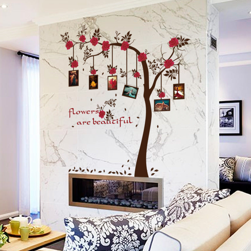 Red Flower Wall Stickers - Tree Frame Bedroom Living Room Decor 60x90cm