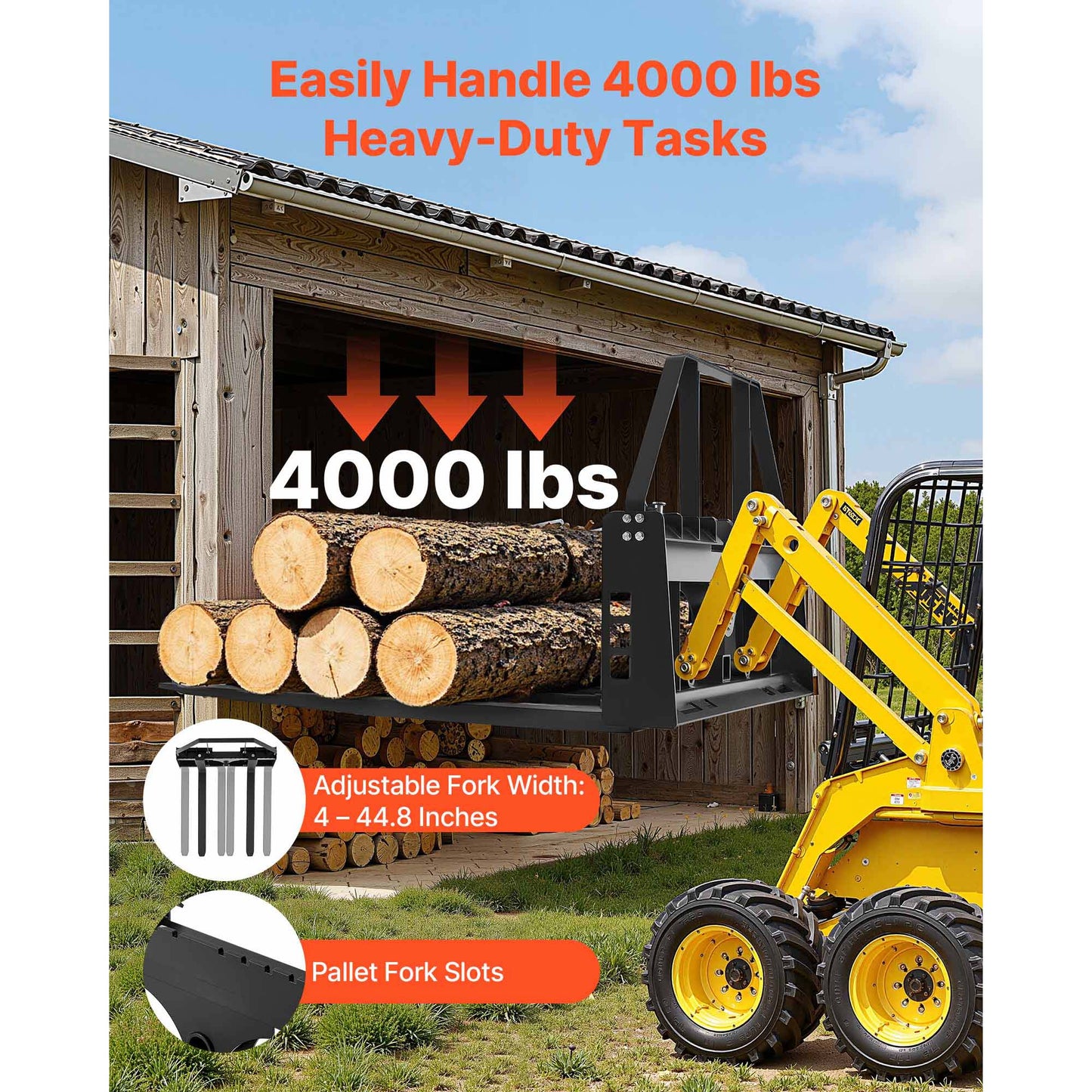 Pallet Fork Frame Attachment with 48-Inch Skid Steer Pallet Forks 4000 Lb Capacity