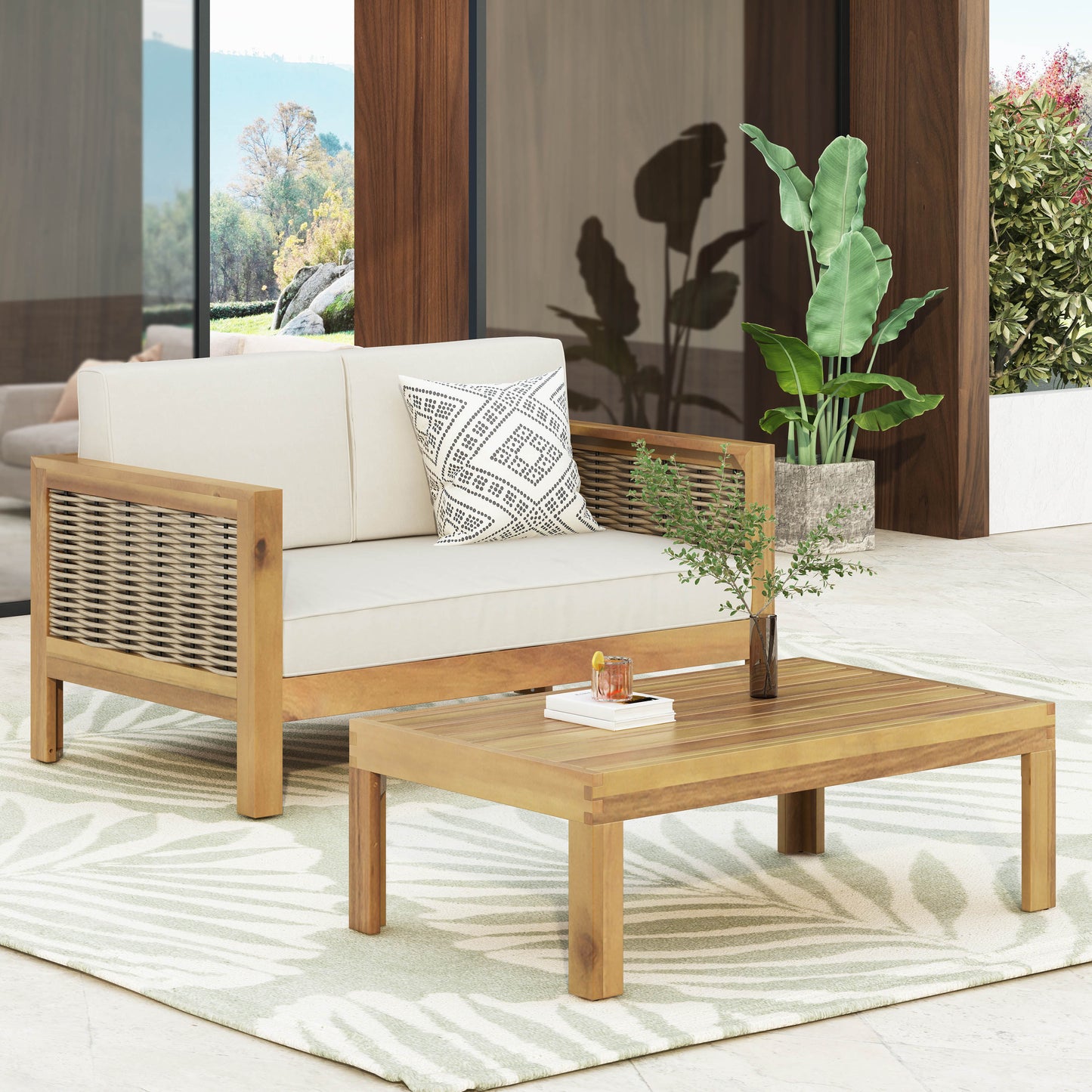 Outdoor Acacia Wood And Wicker Loveseat Coffee Table Set With