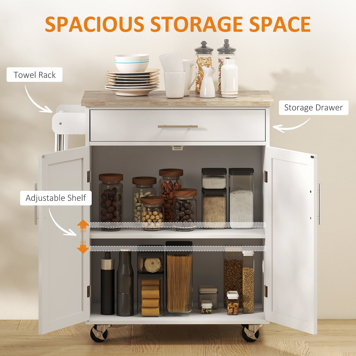 Rolling Kitchen Island Cart with Solid Wood Top & Storage - White