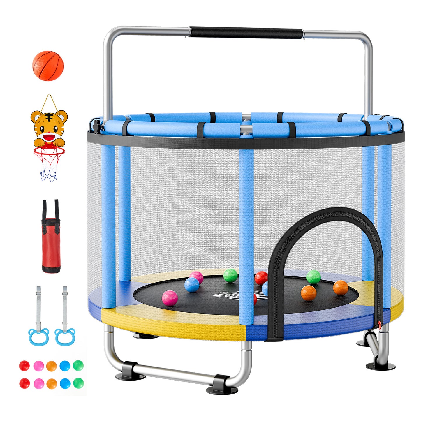 60-Inch Kids Trampoline with Enclosure and Adjustable Gymnastics Bar - Indoor Outdoor Play Toy