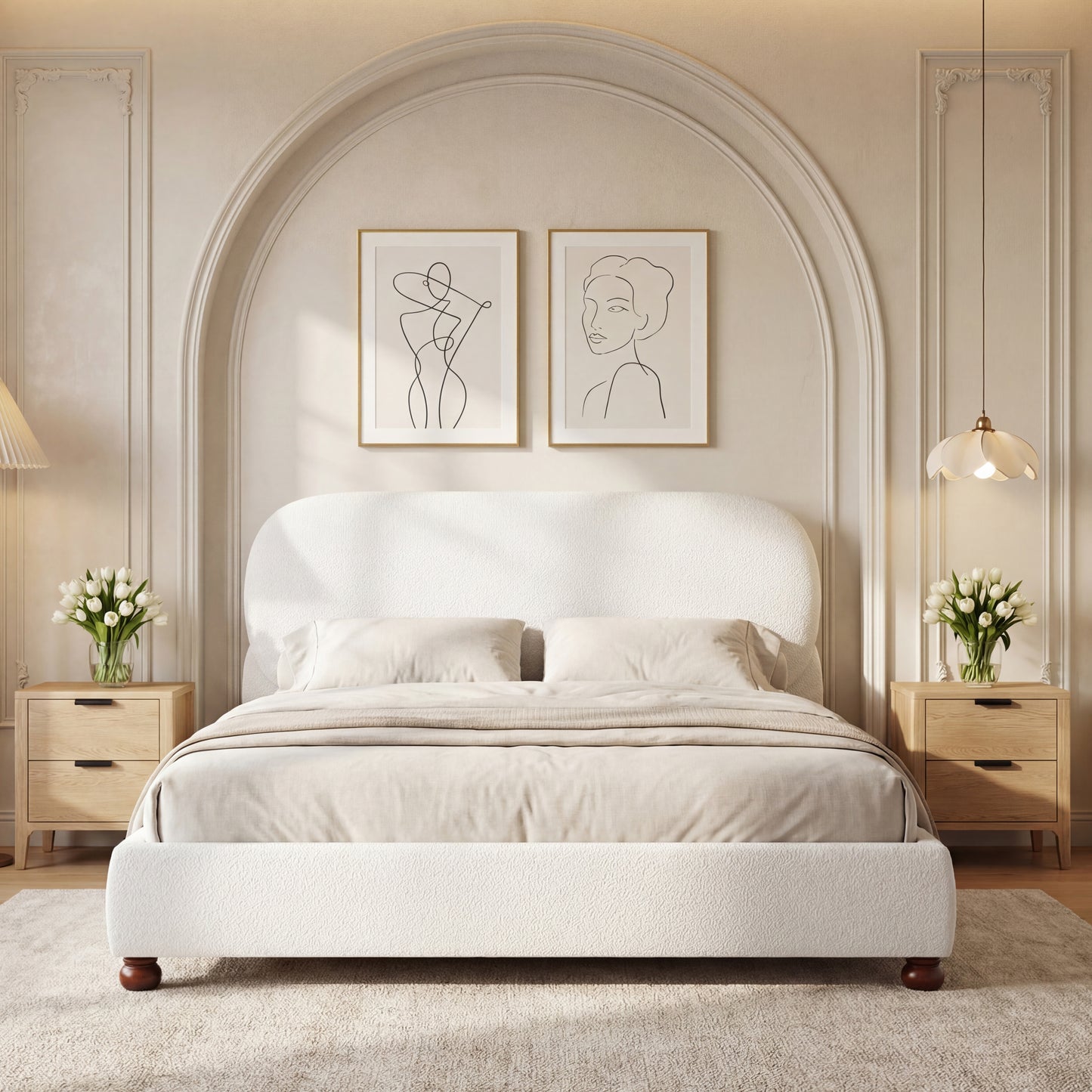 Cream Boucle Upholstered King Bed with Rubber Wood Feet