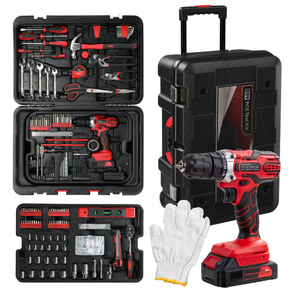 599-Piece Power Tool Set with 21V Cordless Drill and Rolling Toolbox
