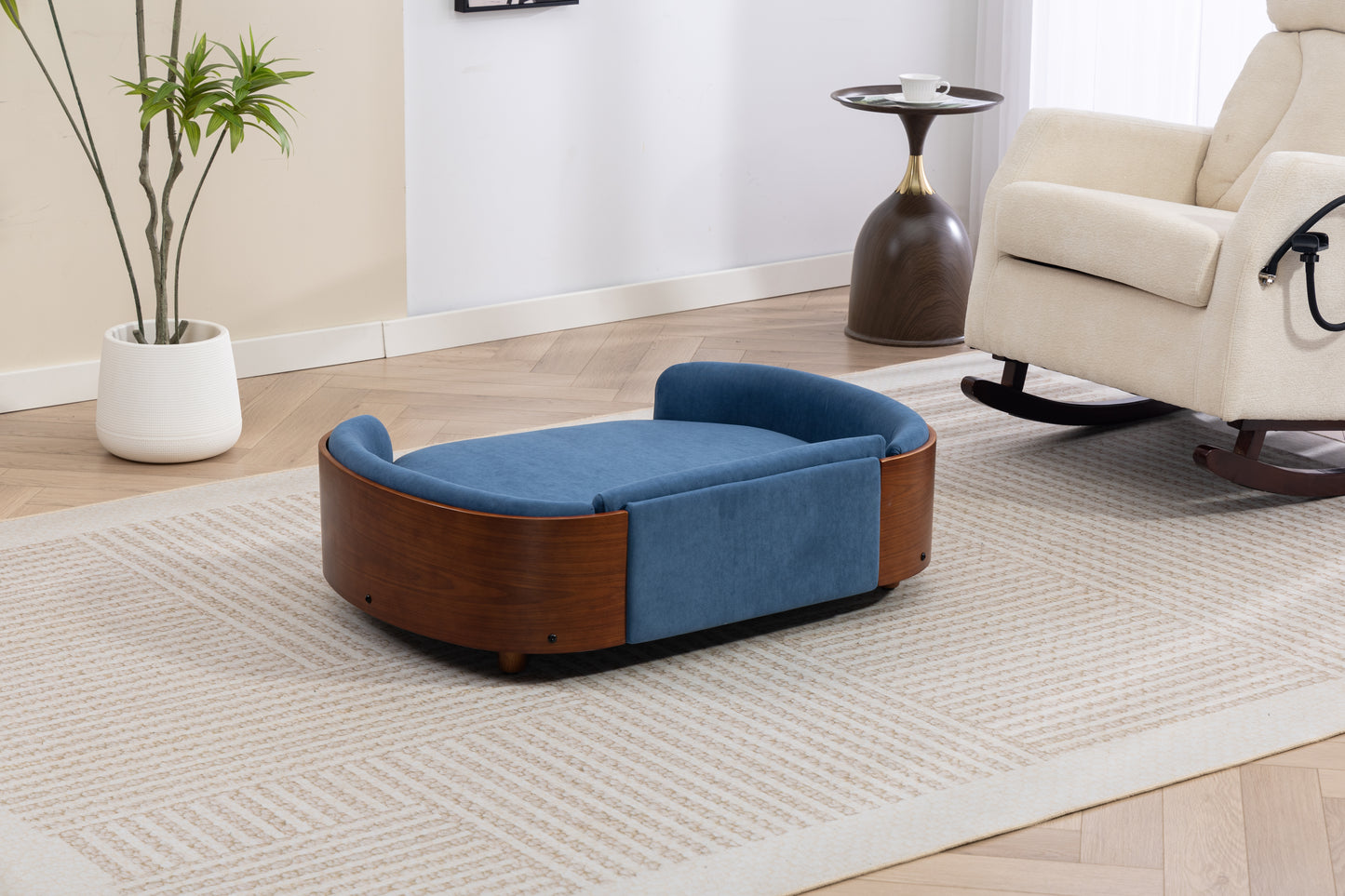 Large Scandinavian Style Elevated Dog Bed with Velvet Cushion and Solid Wood Legs